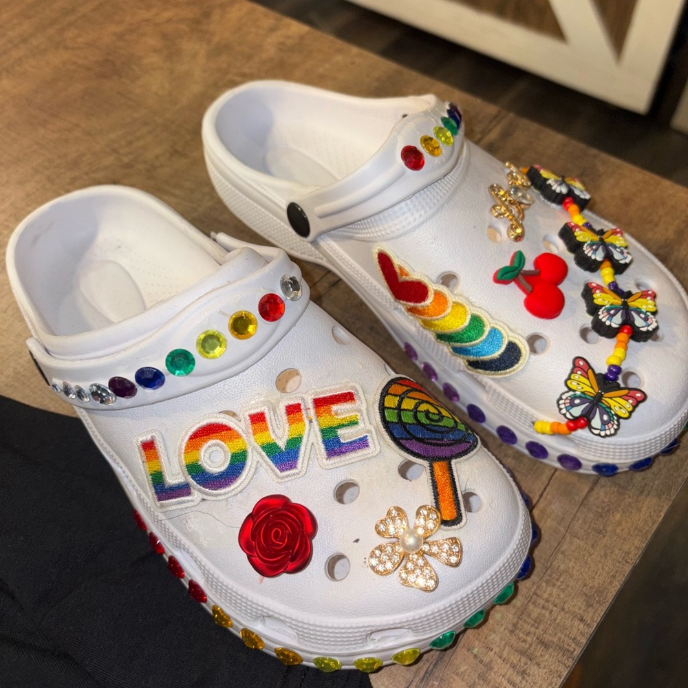 Vibrant White and Red Mules with Rainbow Charms